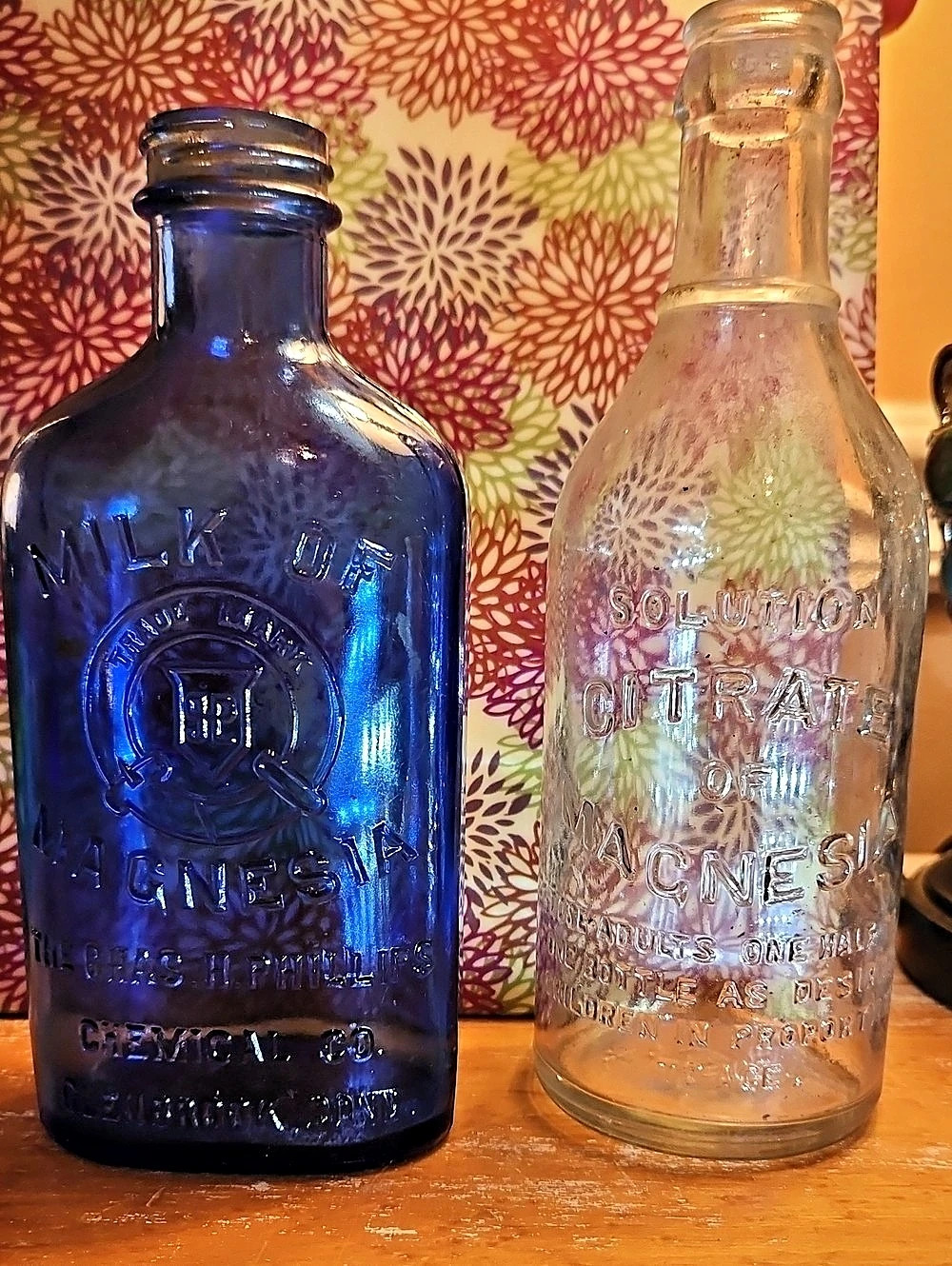 Vintage Embossed Glass Bottles Blue & Clear